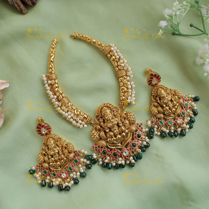 Statement Lakshmi peacock carved gutta pusalu short necklace with ruby emerald and green beads - Sparkle and Glow