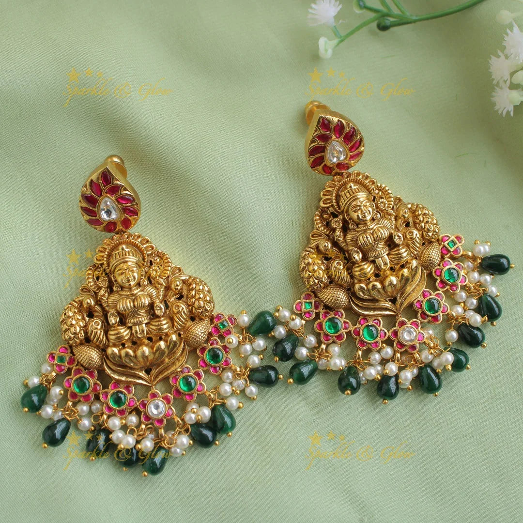 Statement Lakshmi peacock carved gutta pusalu short necklace with ruby emerald and green beads - Sparkle and Glow