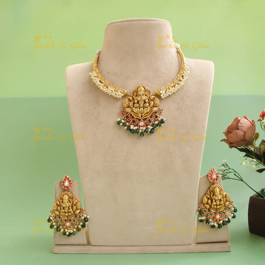 Statement Lakshmi peacock carved gutta pusalu short necklace with ruby emerald and green beads - Sparkle and Glow