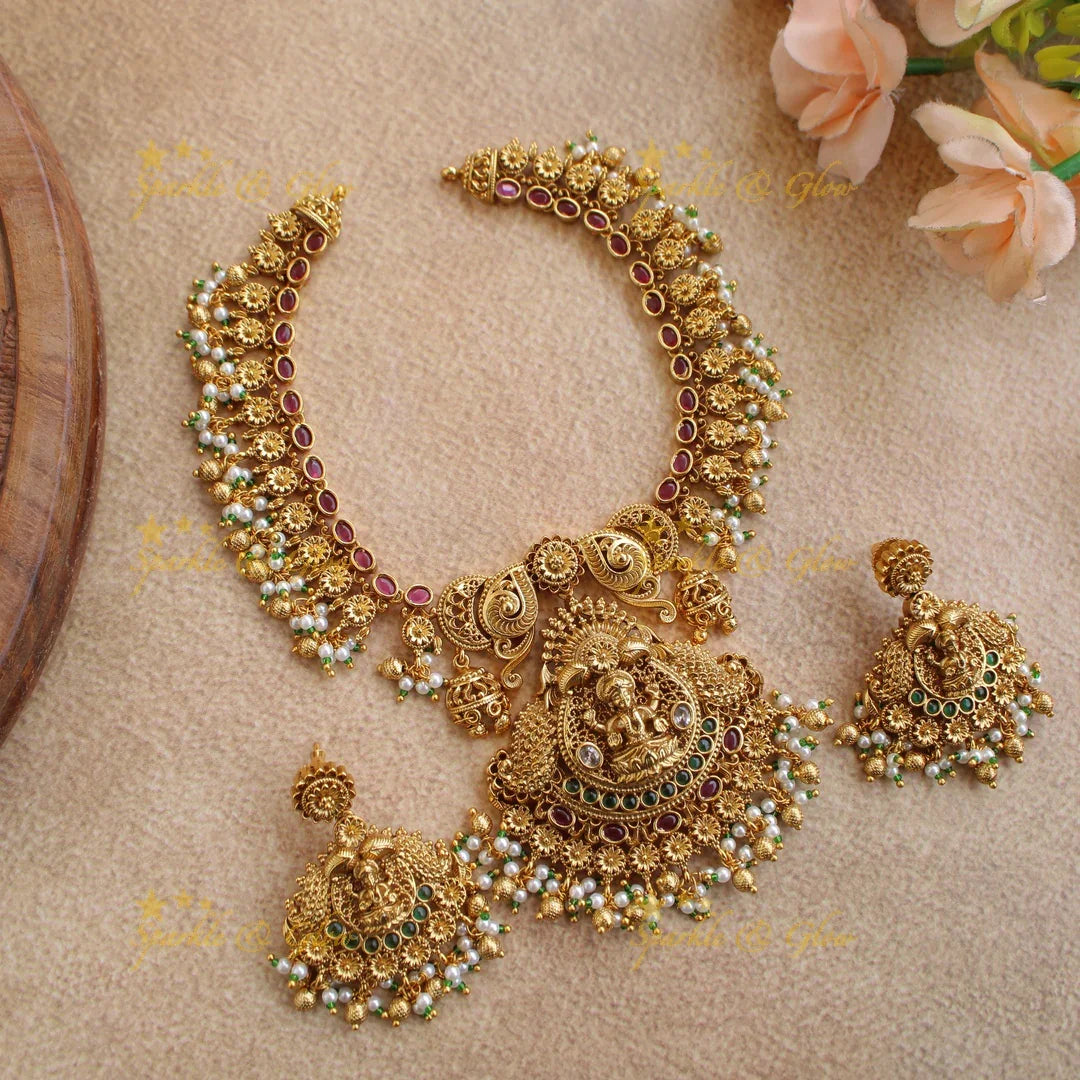 Beautiful Lakshmi peacock carved gutta pusalu short necklace with ruby emerald and gold beads - Sparkle and Glow