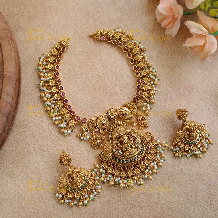 Beautiful Lakshmi peacock carved gutta pusalu short necklace with ruby emerald and gold beads - Sparkle and Glow