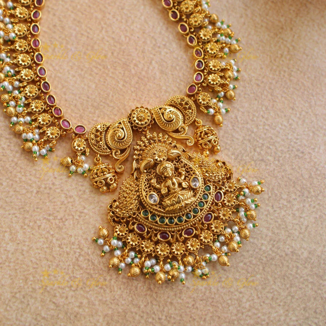 Beautiful Lakshmi peacock carved gutta pusalu short necklace with ruby emerald and gold beads - Sparkle and Glow