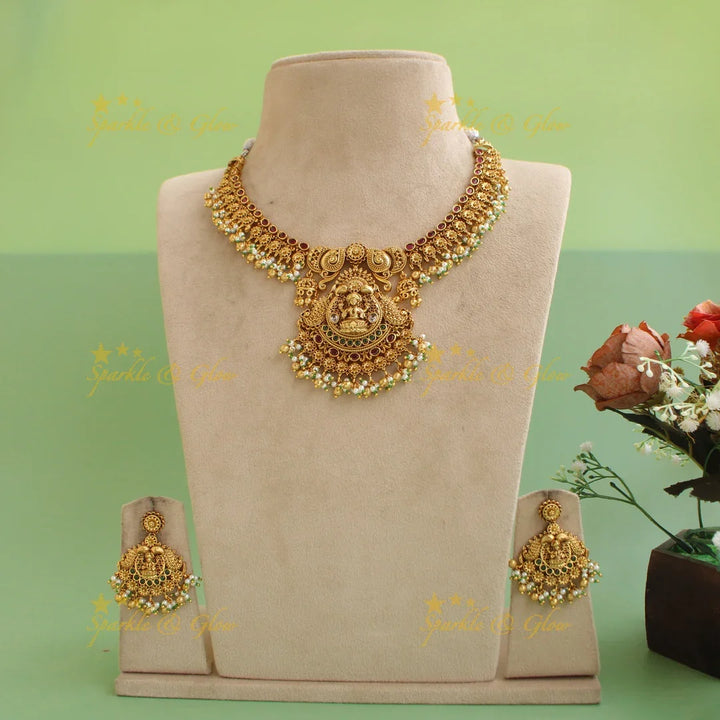 Beautiful Lakshmi peacock carved gutta pusalu short necklace with ruby emerald and gold beads - Sparkle and Glow