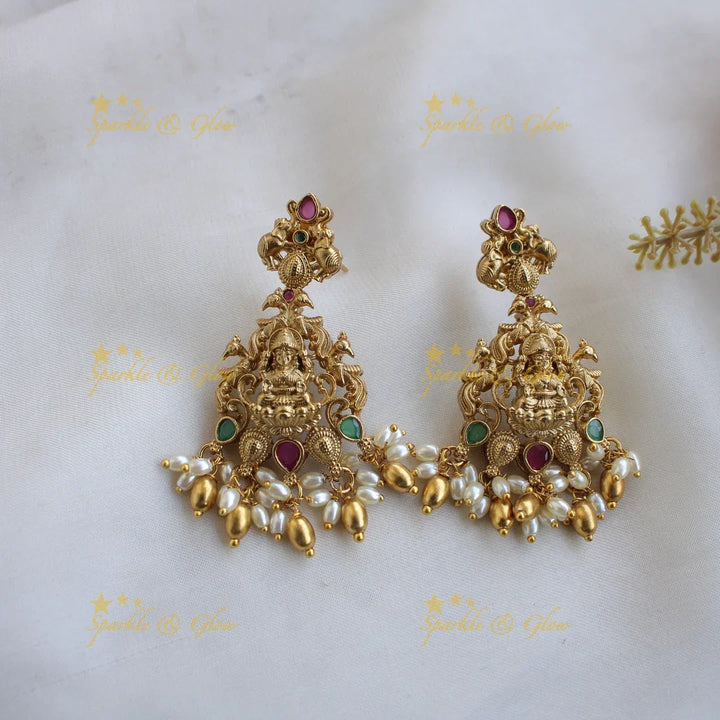 Elegant Premium Matt Lakshmi peacock coin short necklace with ruby emerald and rice pearls - Sparkle and Glow