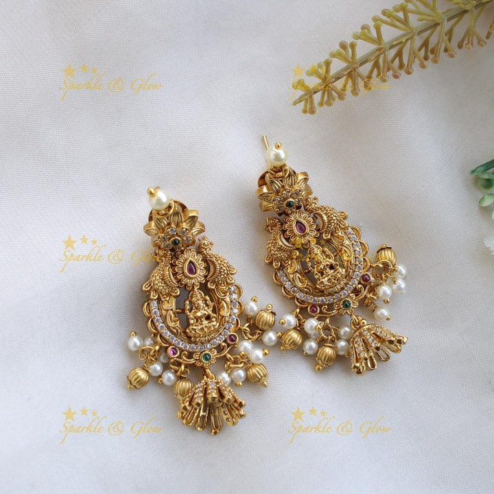 Premium Matt Lakshmi peacock flower carved short necklace with ruby emerald CZ stones pearls and gold beads - Sparkle and Glow