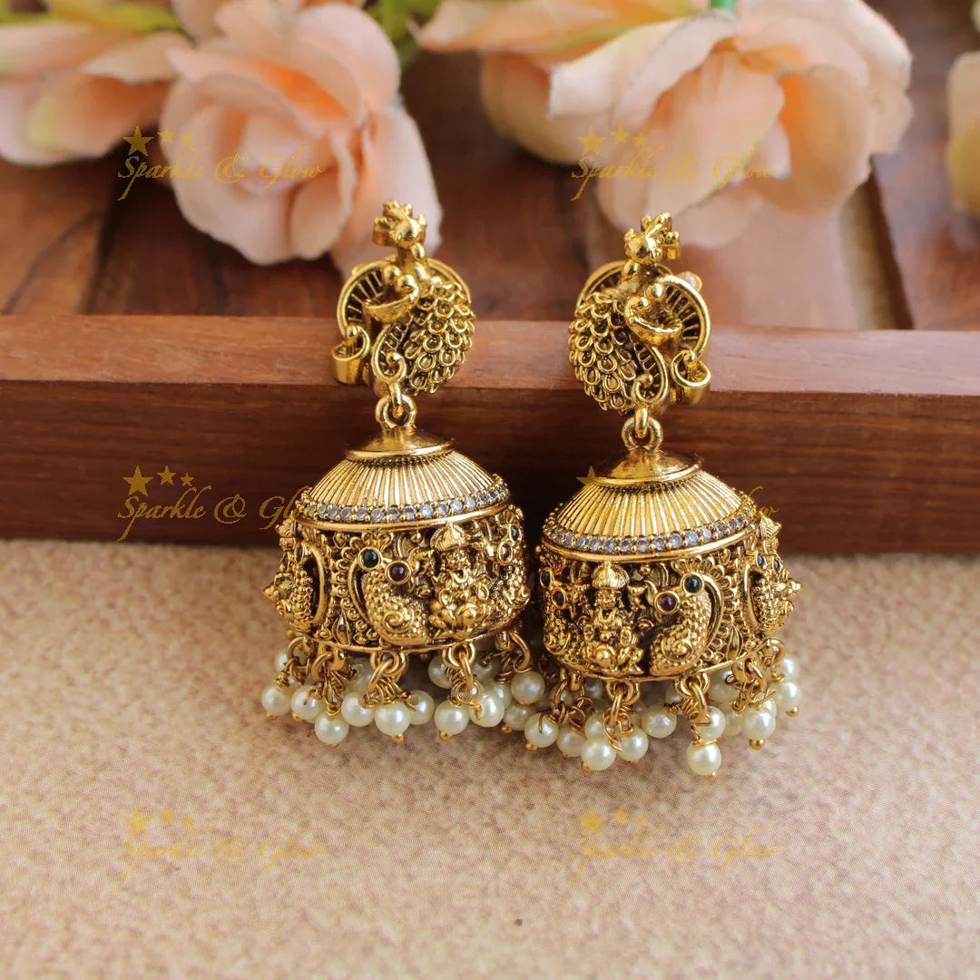 Statement Lakshmi peacock carved short necklace with ruby emerald CZ stones pearls and gold beads - Sparkle and Glow