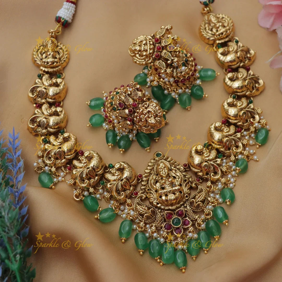 Lakshmi Peacock Short Necklace with Stones & Green Beads