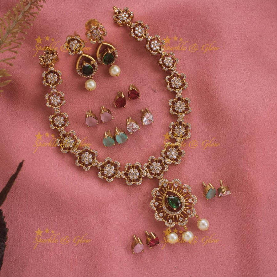 Beautiful Floral design AD short necklace with interchangeable stones - Sparkle and Glow