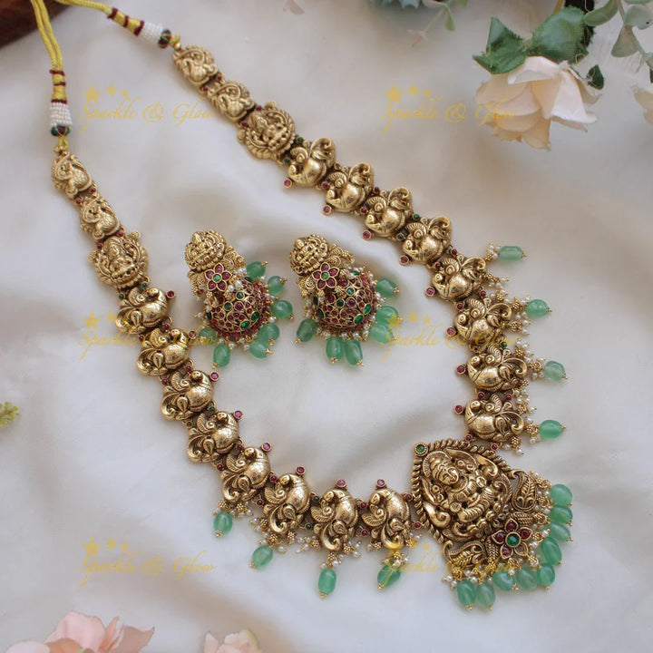 Grand Lakshmi peacock carved long necklace with ruby emerald and mint green beads - Sparkle and Glow