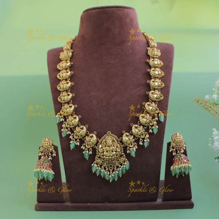 Grand Lakshmi peacock carved long necklace with ruby emerald and mint green beads - Sparkle and Glow