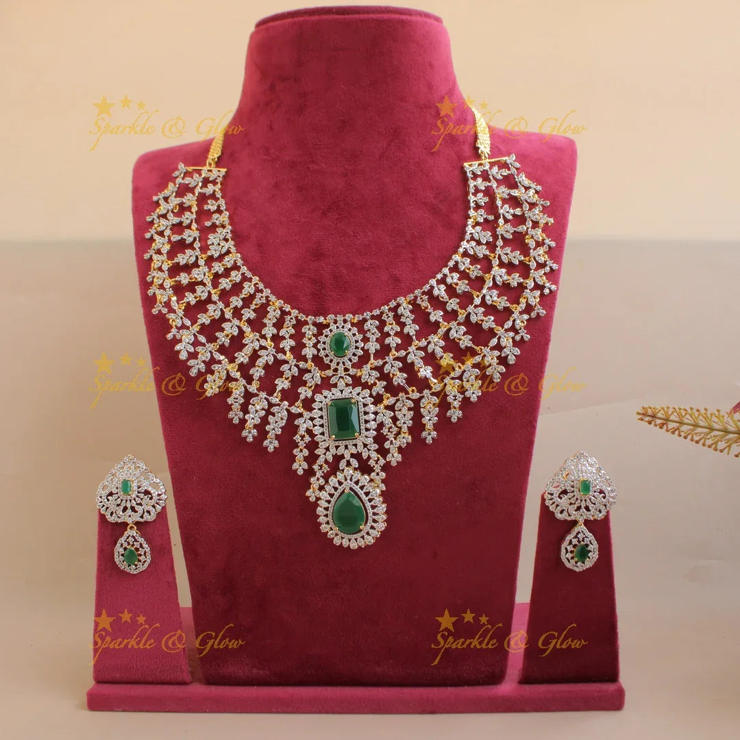 Statement Three layer gold finish American diamond short necklace with ruby stones - pink - Sparkle and Glow