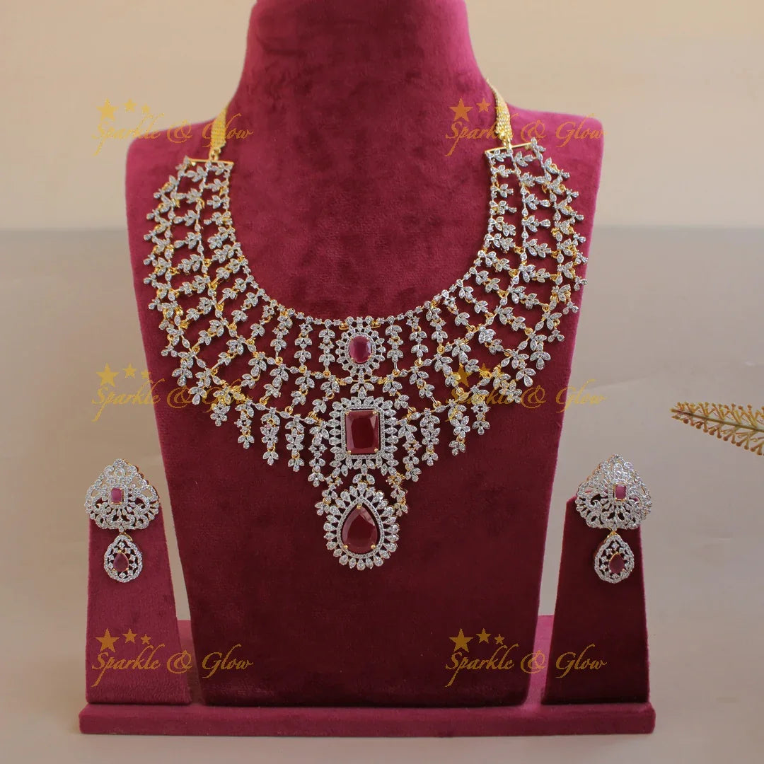Statement Three layer gold finish American diamond short necklace with ruby stones - pink - Sparkle and Glow