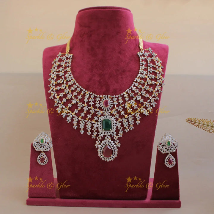 Statement Three layer gold finish American diamond short necklace with ruby stones - pink - Sparkle and Glow