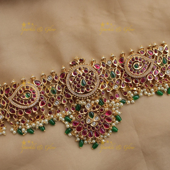 Beautiful Floral peacock kemp stone choker with pearls and green beads - Sparkle and Glow