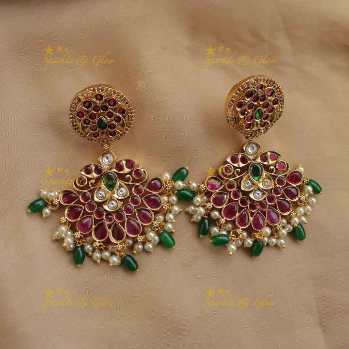 Beautiful Floral peacock kemp stone choker with pearls and green beads - Sparkle and Glow