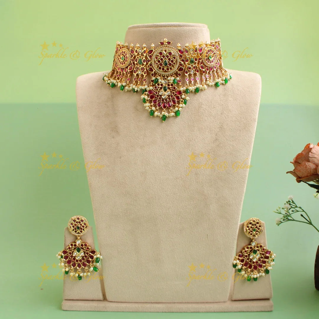 Beautiful Floral peacock kemp stone choker with pearls and green beads - Sparkle and Glow