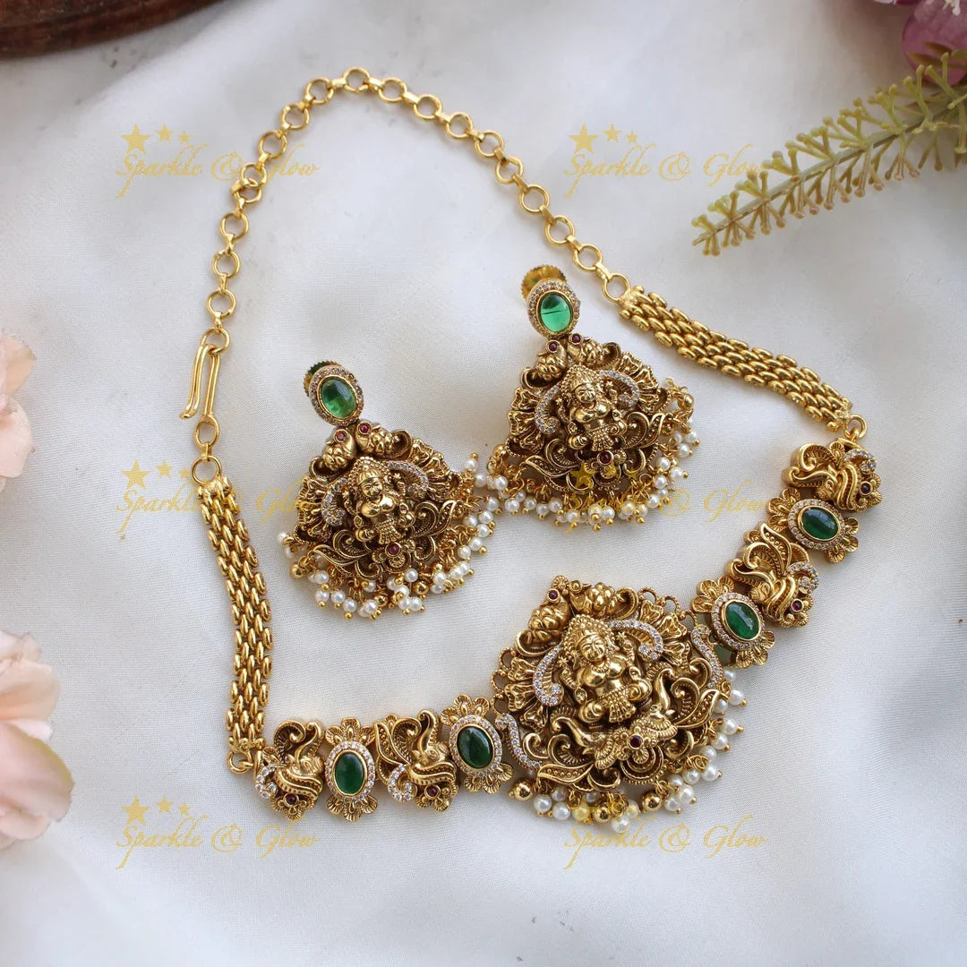 Elegant Lakshmi elephant carved choker with emerald CZ stones and pearls - Sparkle and Glow
