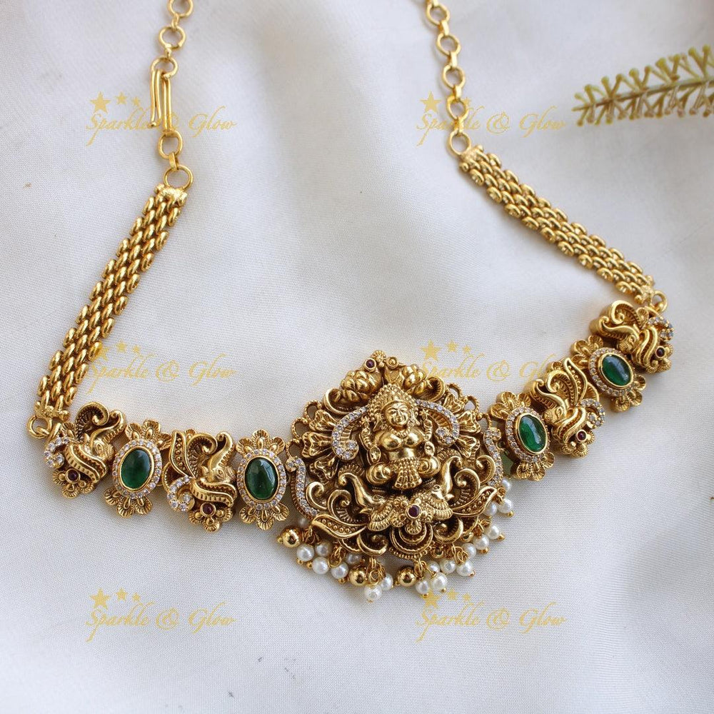 Elegant Lakshmi elephant carved choker with emerald CZ stones and pearls - Sparkle and Glow