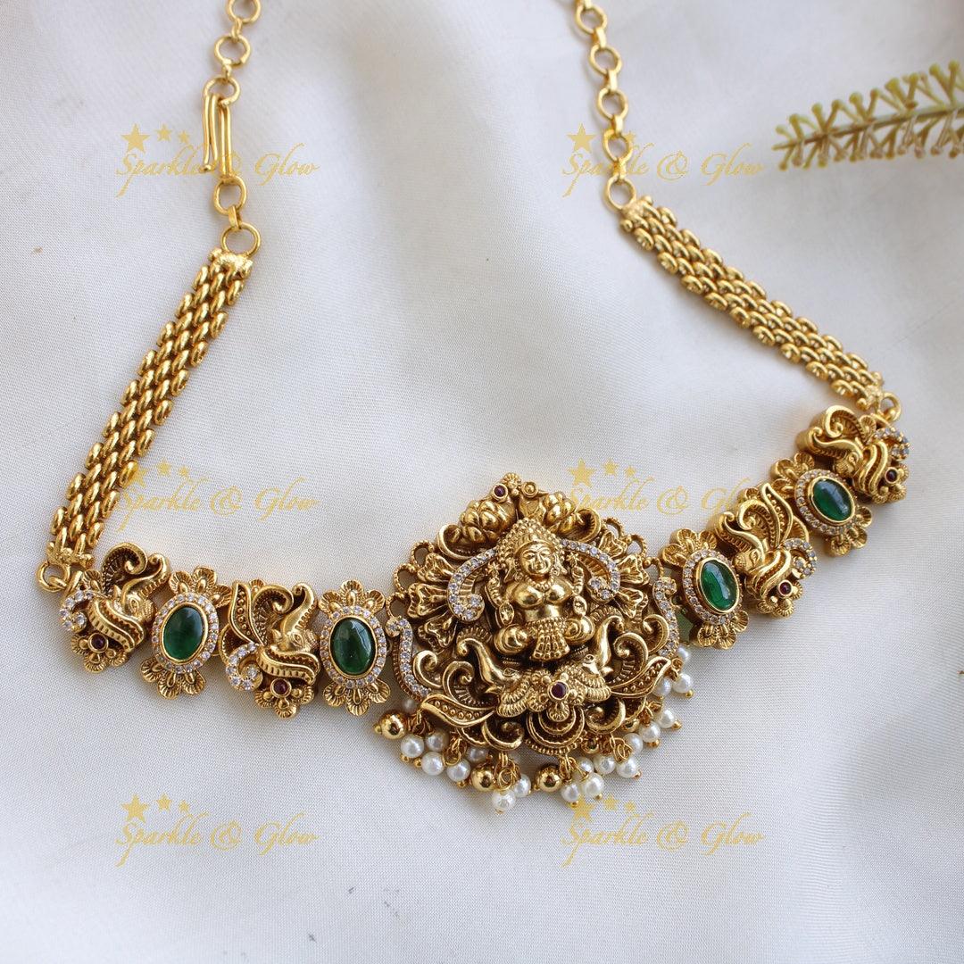 Elegant Lakshmi elephant carved choker with emerald CZ stones and pearls - Sparkle and Glow