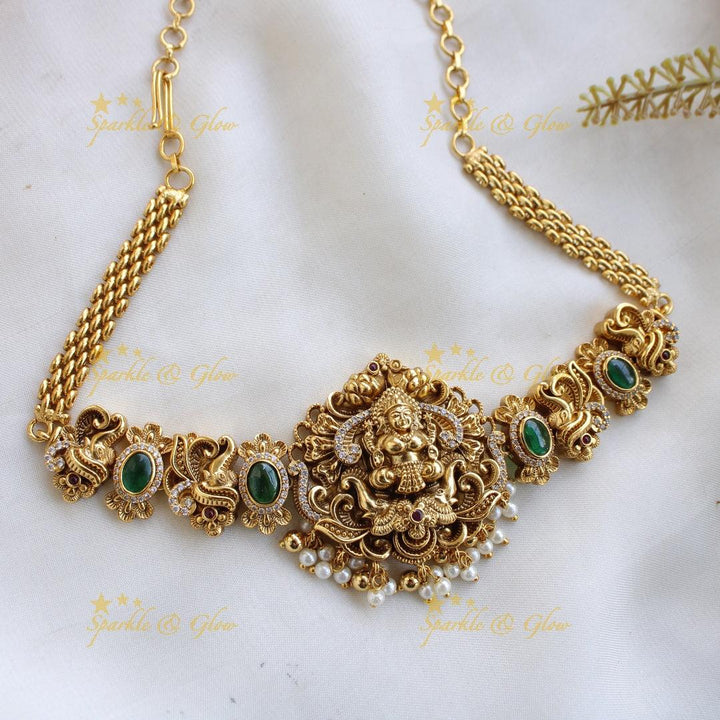 Elegant Lakshmi elephant carved choker with emerald CZ stones and pearls - Sparkle and Glow