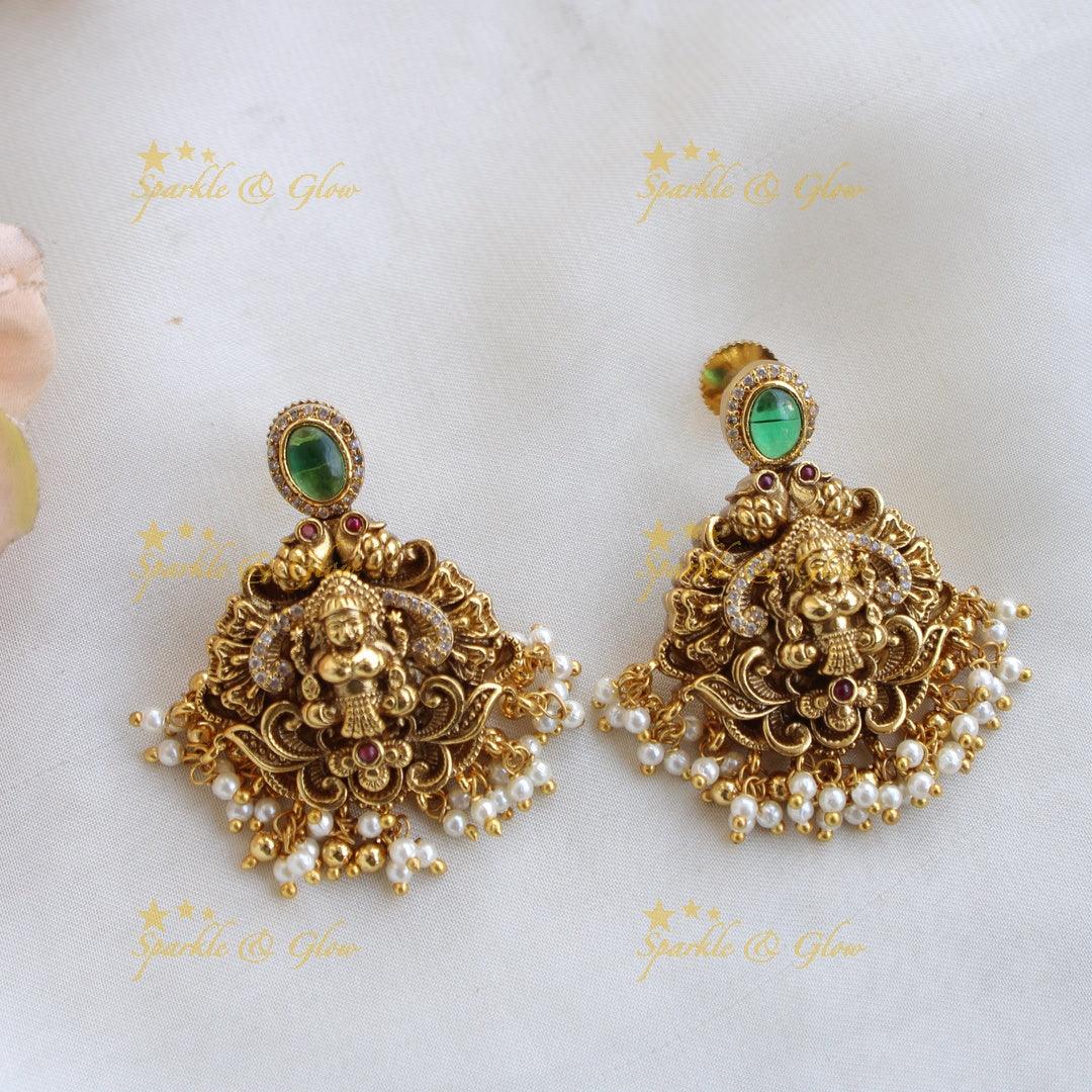 Elegant Lakshmi elephant carved choker with emerald CZ stones and pearls - Sparkle and Glow