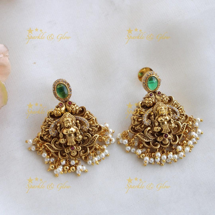 Elegant Lakshmi elephant carved choker with emerald CZ stones and pearls - Sparkle and Glow