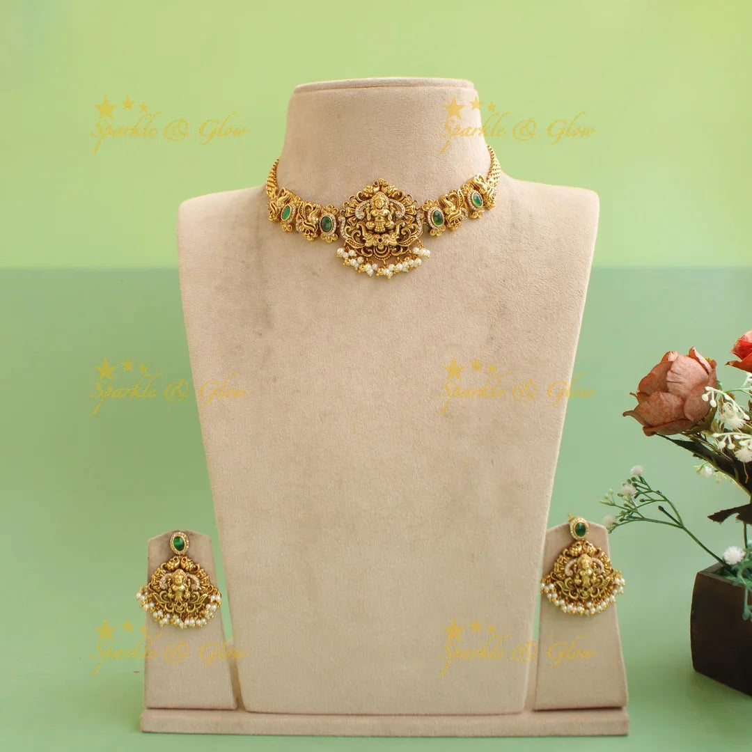 Elegant Lakshmi elephant carved choker with emerald CZ stones and pearls - Sparkle and Glow