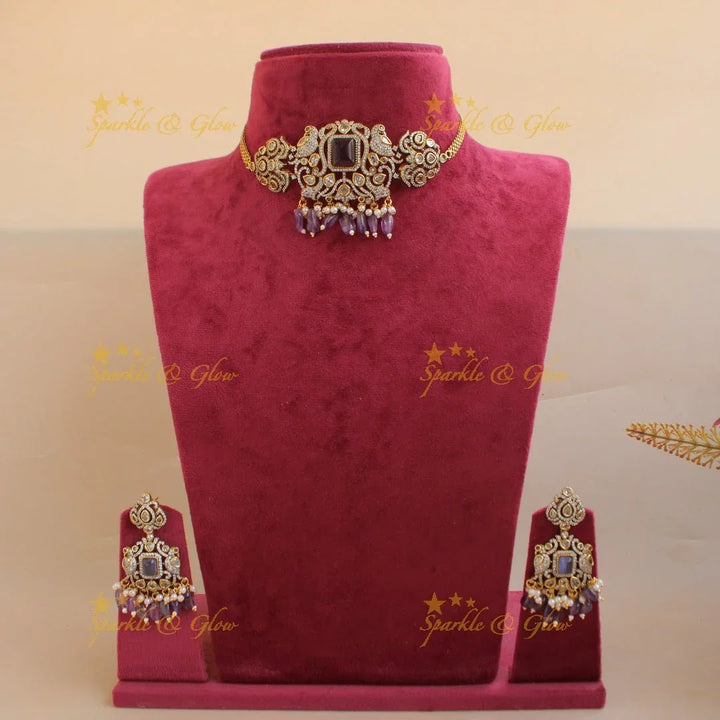 Elegant Peacock design victorian AD choker with purple beads - Sparkle and Glow