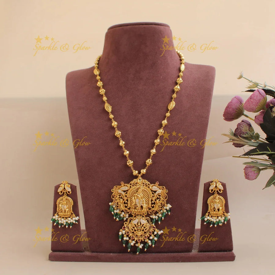 Elegant Krishna playing flute gold alike pendent chain set - Sparkle and Glow