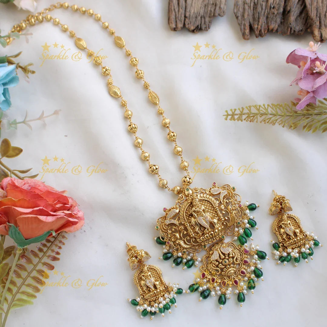 Elegant Krishna playing flute gold alike pendent chain set - Sparkle and Glow