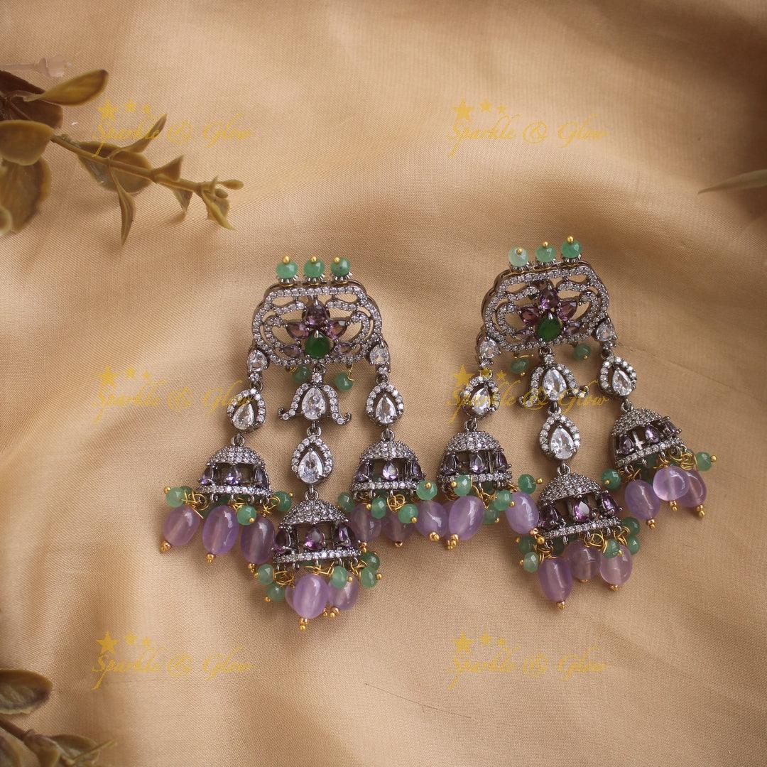 Gorgeous Peacock design black finish victorian AD short necklace with jhumuka drops green stones pink and purple beads - Sparkle and Glow