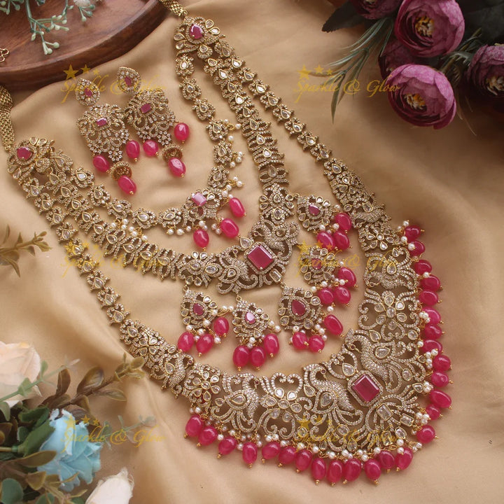 Grand Bridal Peacock floral design three layer Victorian AD haram with green beads - Sparkle and Glow