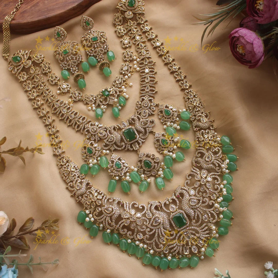 Grand Bridal Peacock floral design three layer Victorian AD haram with green beads - Sparkle and Glow