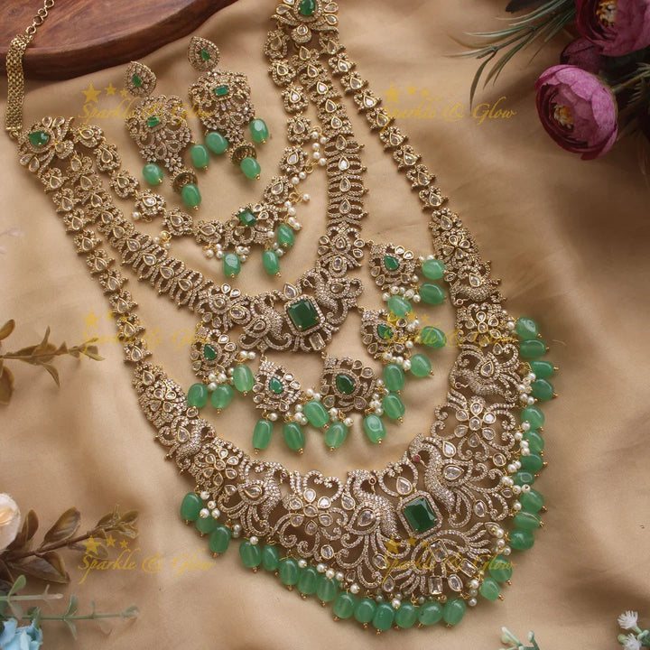 Grand Bridal Peacock floral design three layer Victorian AD haram with green beads - Sparkle and Glow