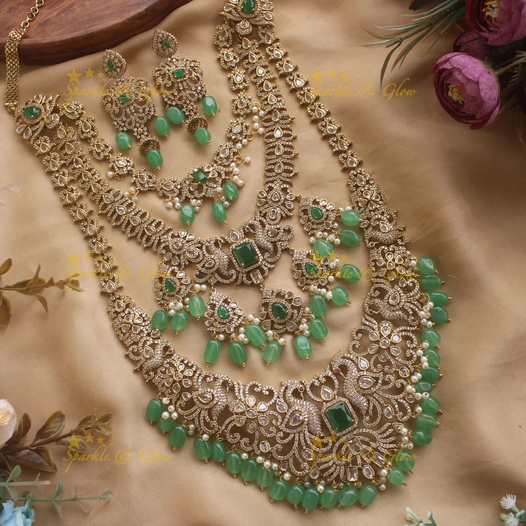 Grand Bridal Peacock floral design three layer Victorian AD haram with green beads - Sparkle and Glow