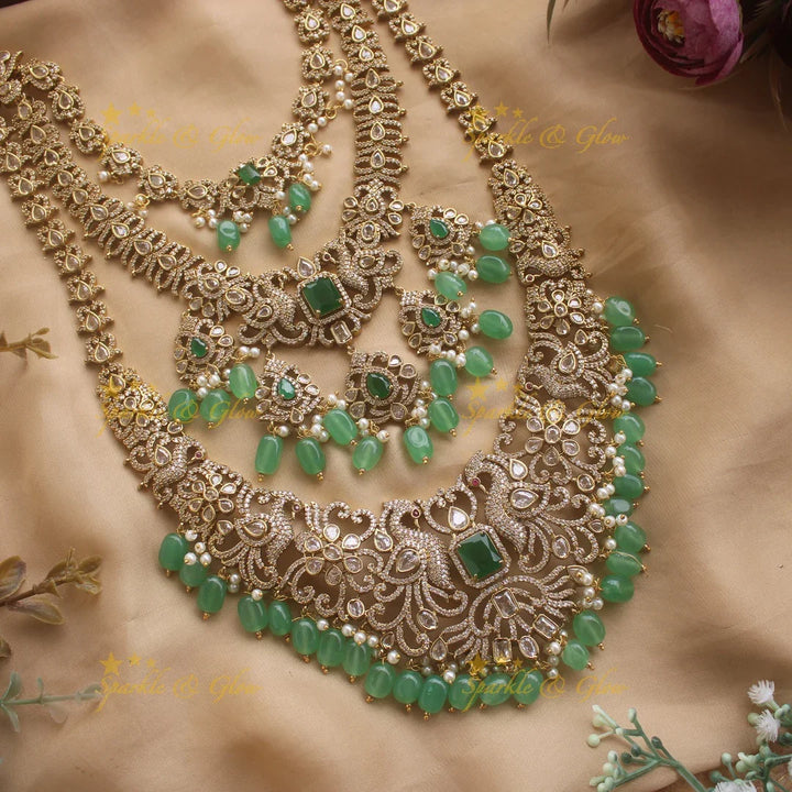 Grand Bridal Peacock floral design three layer Victorian AD haram with green beads - Sparkle and Glow