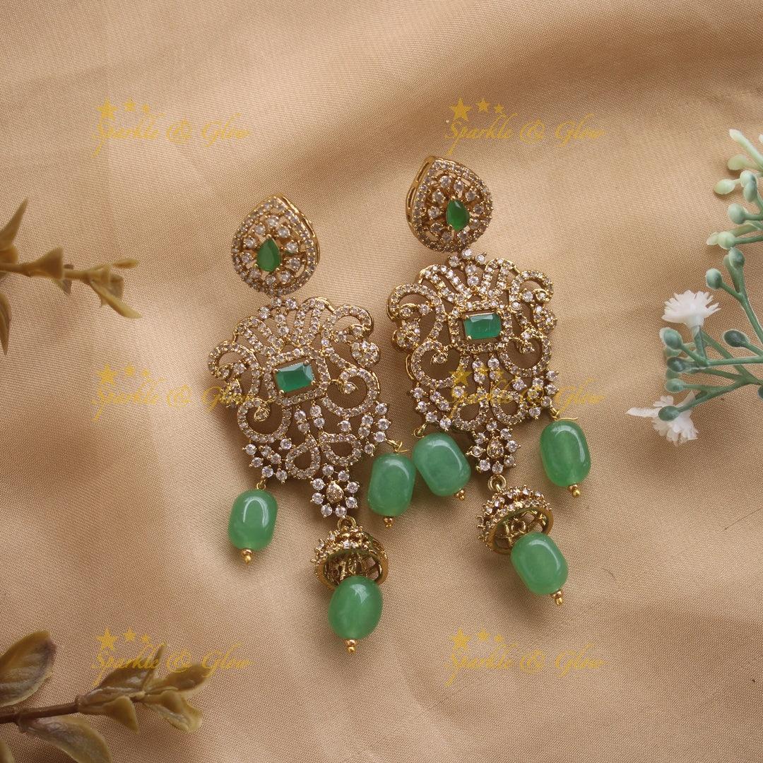 Grand Bridal Peacock floral design three layer Victorian AD haram with green beads - Sparkle and Glow