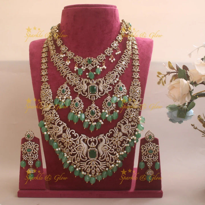 Grand Bridal Peacock floral design three layer Victorian AD haram with green beads - Sparkle and Glow