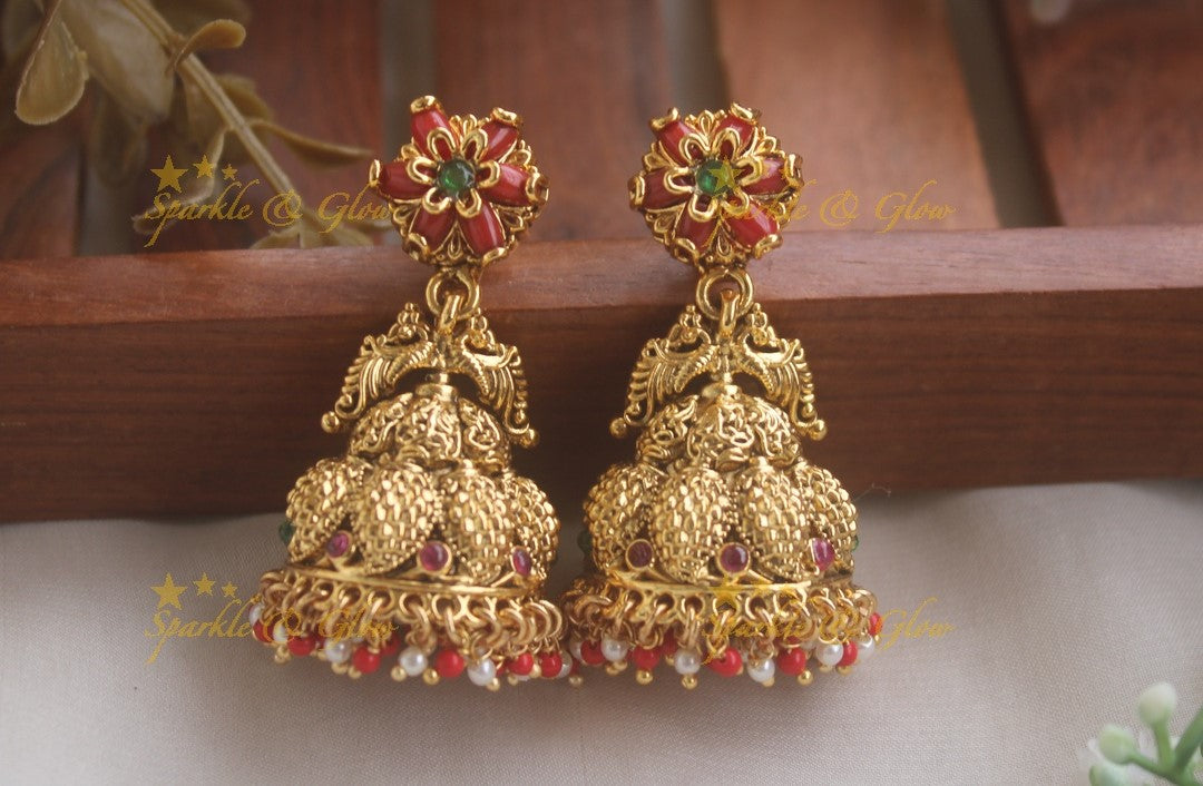 Statement Coral Flower Studded Peacock jhumukas with Coral pearl Beads
