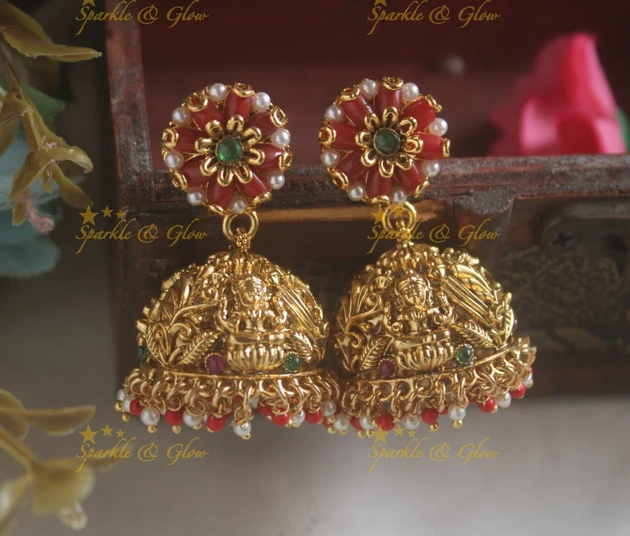 Idol Lakshmi Leaflet Floral Jhumukas with Coral Pearl beads - Sparkle and Glow