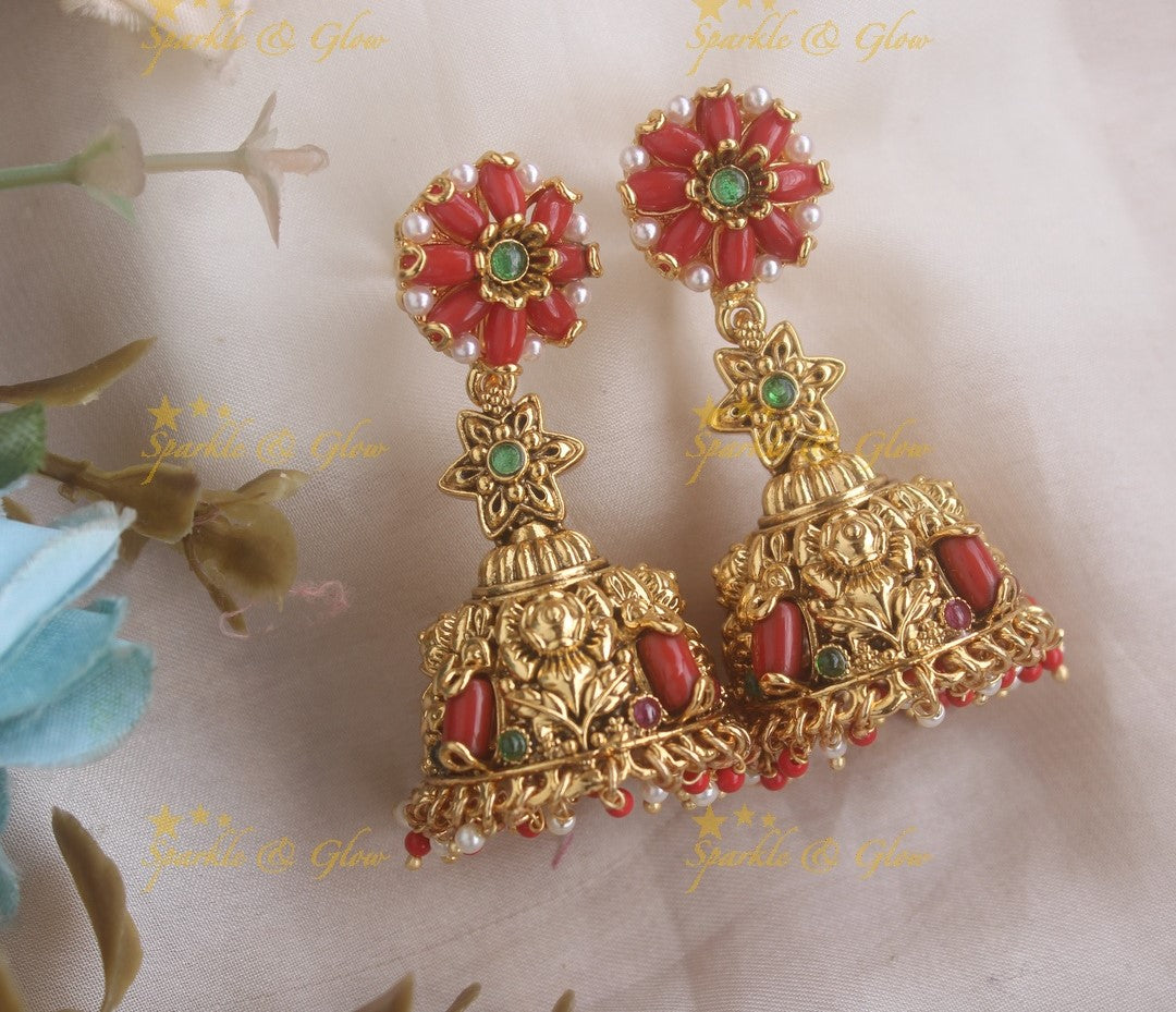 Sparkling Star Design flower studded jhumukas with coral pearl beads