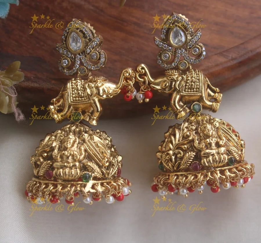 Stunning Crown Studded Lakshmi Elephant Jhumukas with Coral pearl beads - Sparkle and Glow