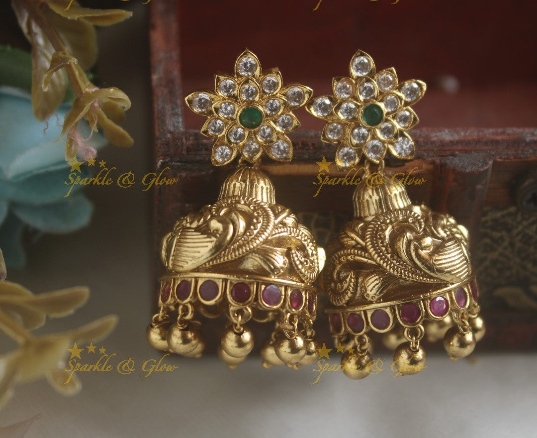 Beautiful Floral Studded Kemp Jhumuka with gold beads