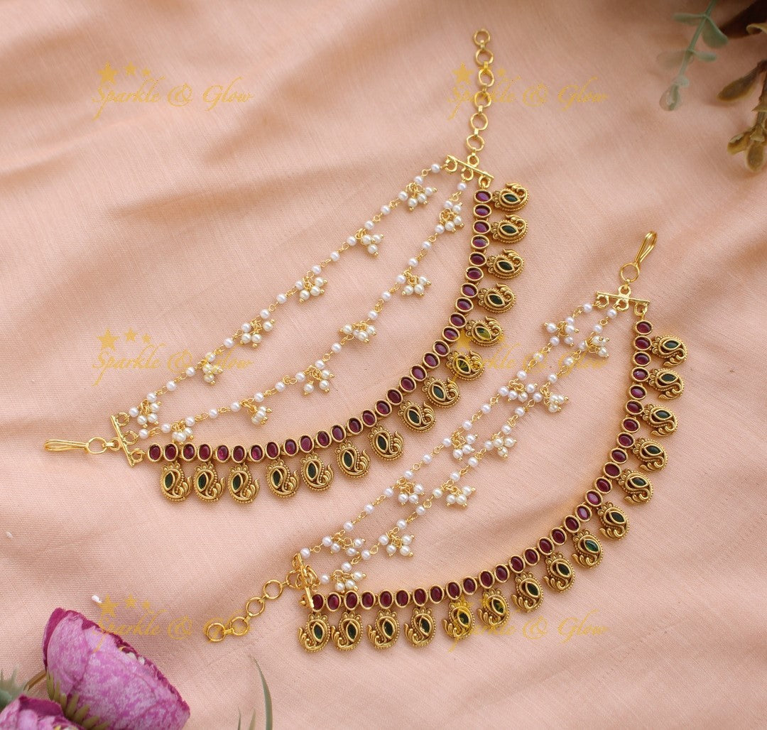 Elegant Kemp mango Earchain With Pearls