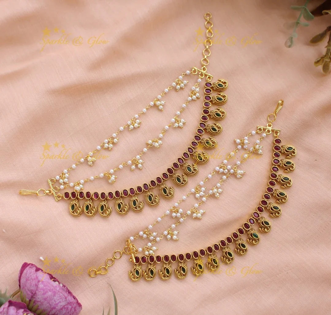Elegant Kemp mango Earchain With Pearls - Sparkle and Glow