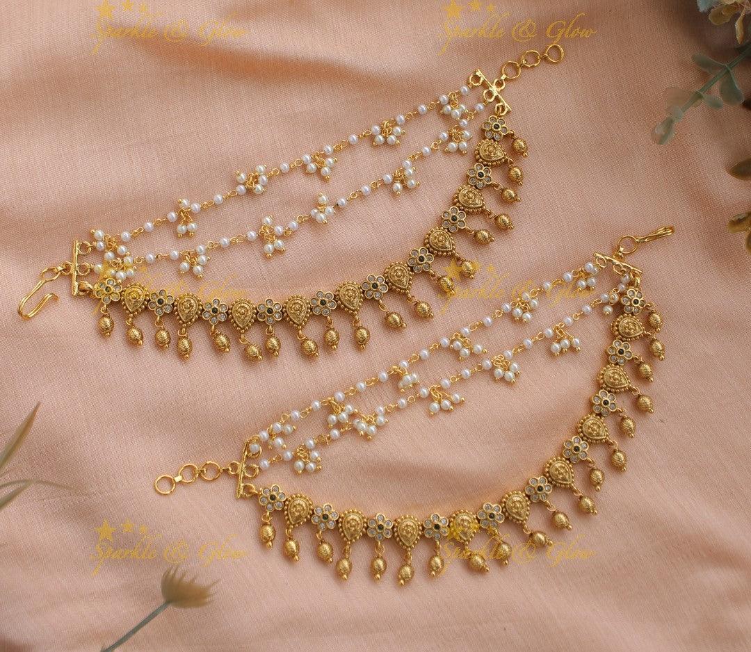 Beautiful Flower design Earchain with Gold beads - Sparkle and Glow