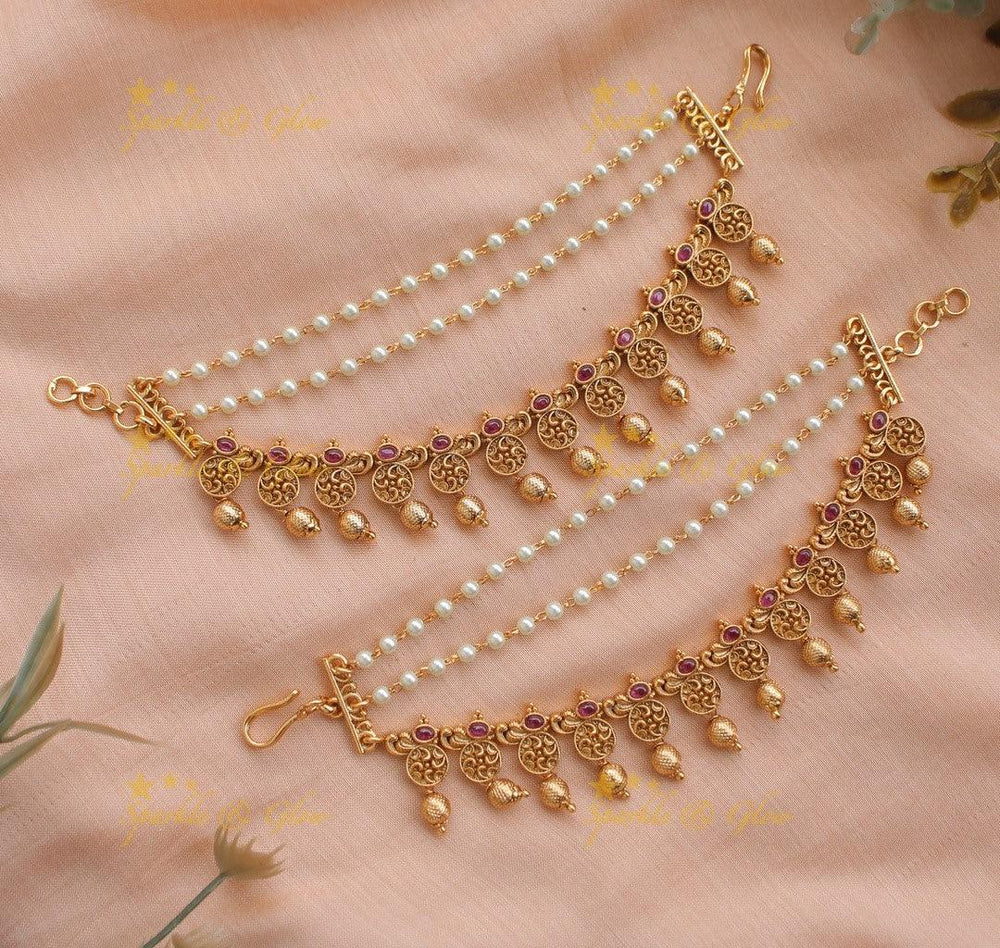 Sparkling Floral Earchain with Gold beads-Red - Sparkle and Glow