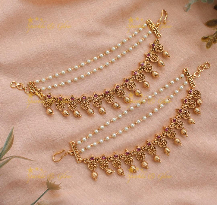 Sparkling Floral Earchain with Gold beads-Red - Sparkle and Glow