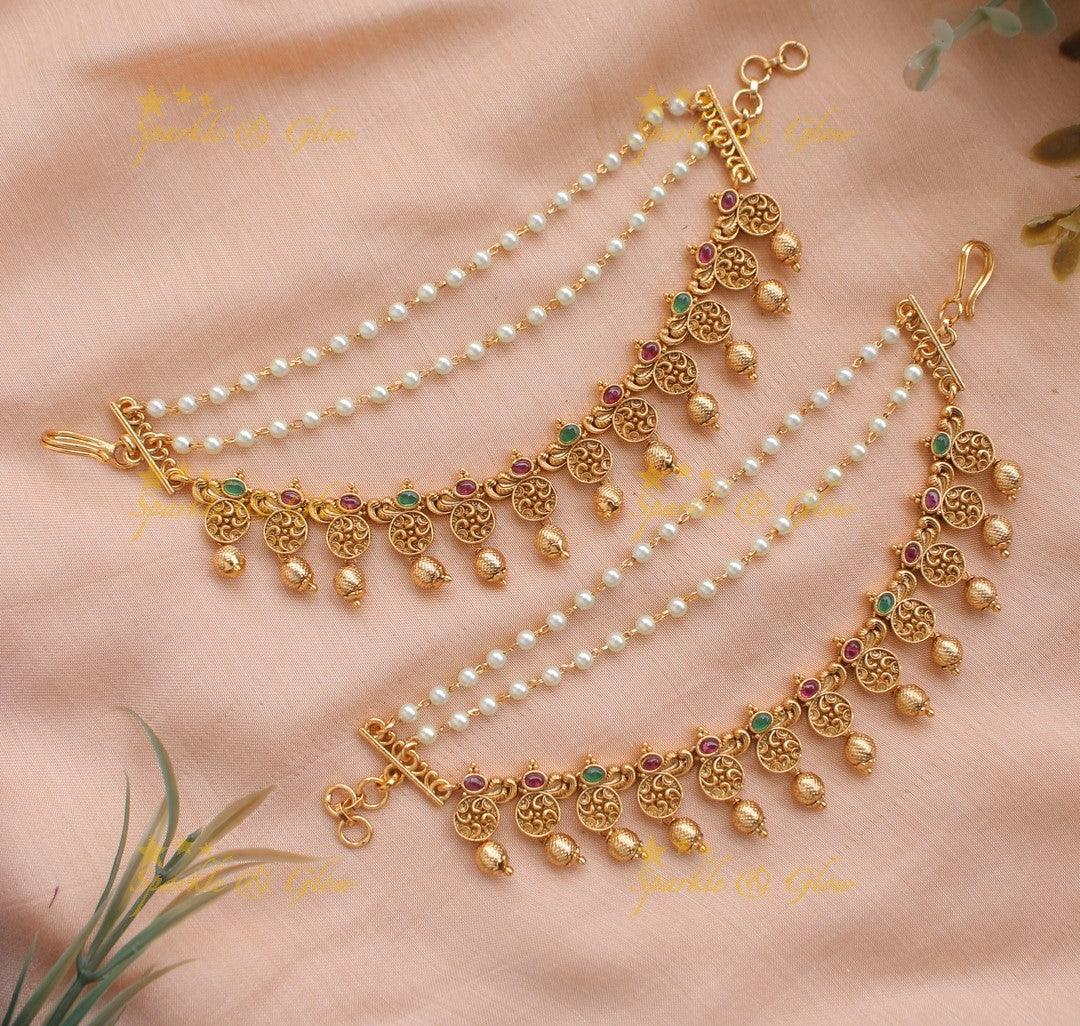 Sparkling Floral Earchain with Gold beads-Red - Sparkle and Glow