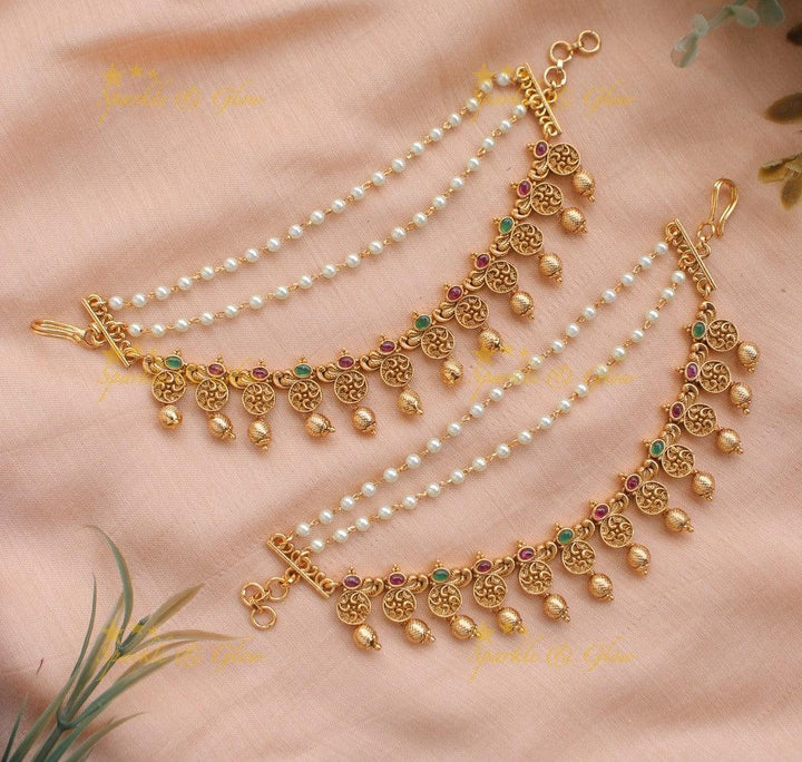 Sparkling Floral Earchain with Gold beads-Red - Sparkle and Glow